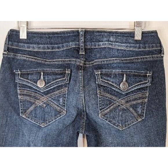 Y2K Decree Boot Cut Jeans 7 Blue Embroidered Button Pockets Distressed Cowgirl - Picture 2 of 8